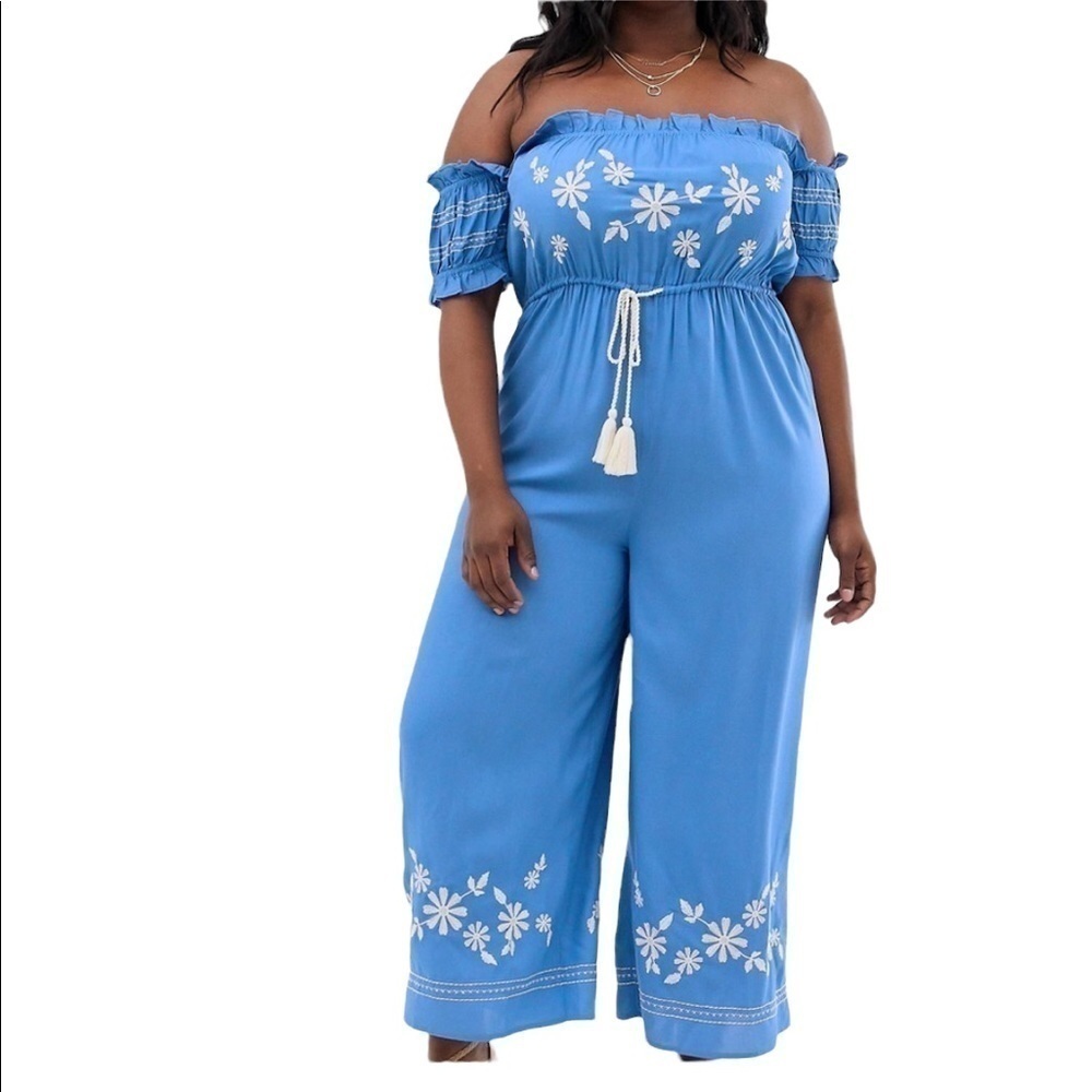 ASOS Jumpsuit embroidered blue cottagecore boho chic coastal tassel